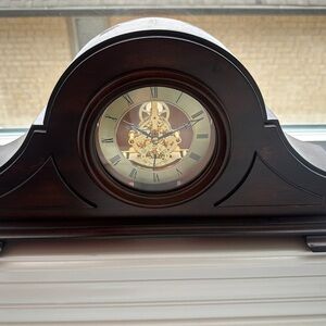 Dark Wood Mantel Clock with Gold Skeleton Movement